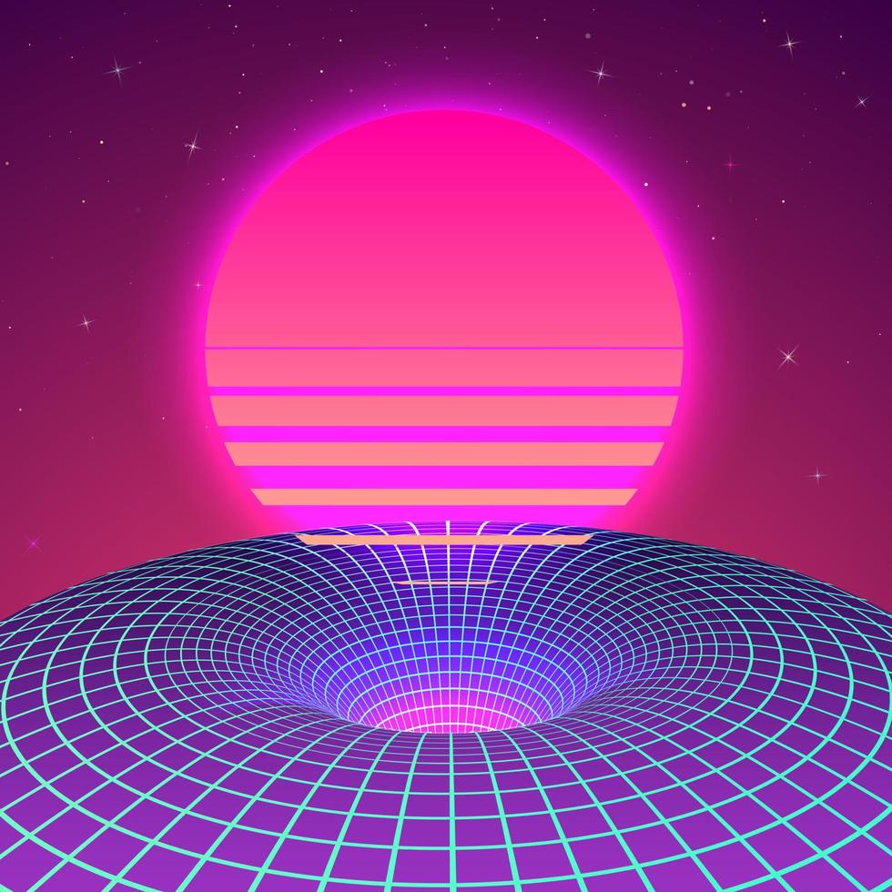 Warp space - Black Hole in neon colors by 80s. Background or cover for retrowave music style. Vector