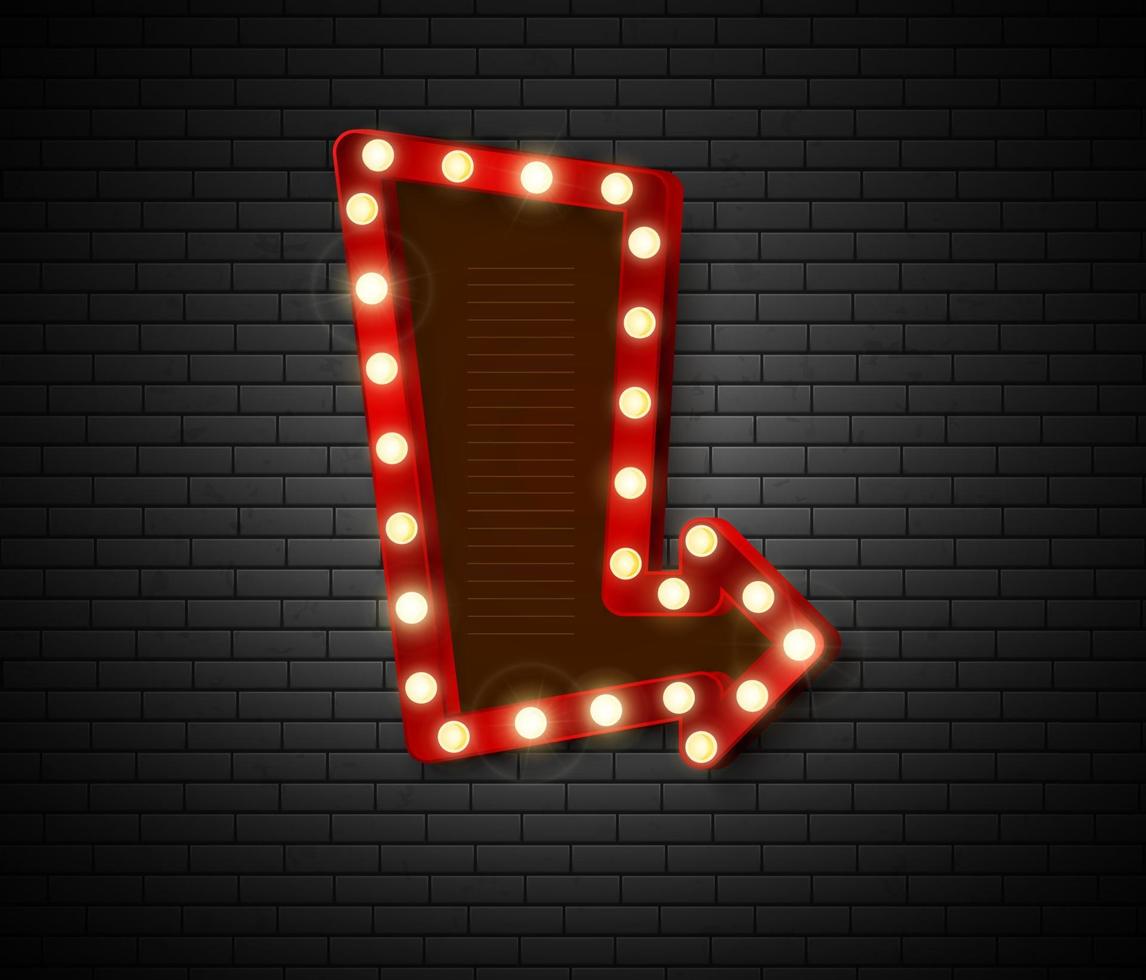 Arrow banner. Retro signboard with shiny lights. Advertising banner on brick wall. Vector illustration