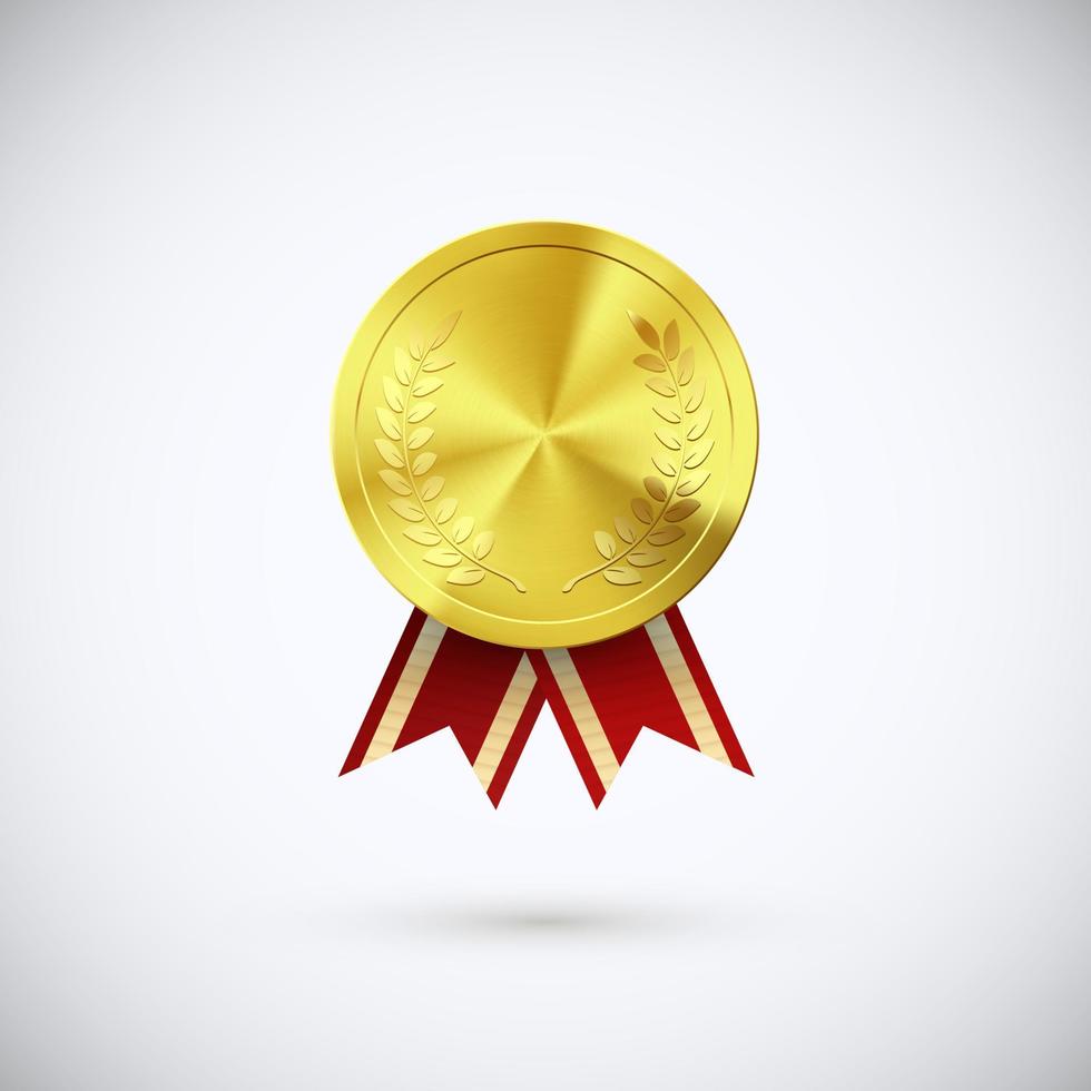 Golden medal red ribbon. Gold award symbol of victory and success. Vector illustration on white background