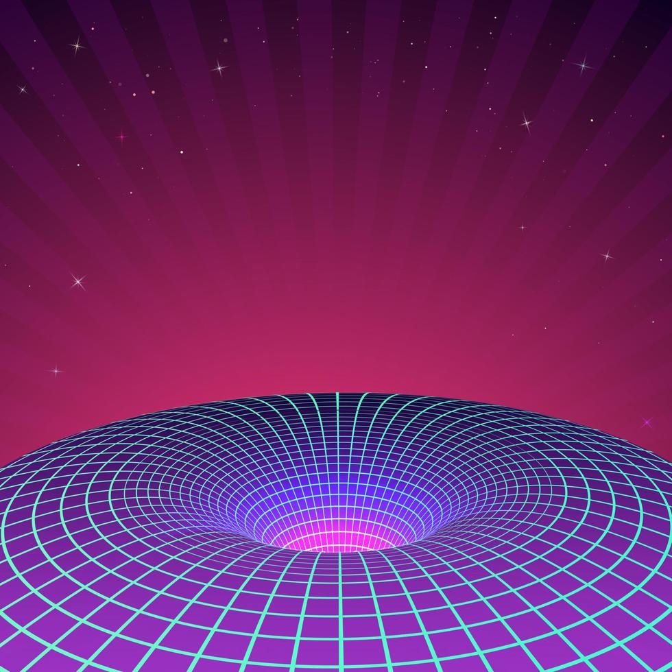 Black Hole in neon colors by 80s or 90s. Sci fi poster template. Background or cover for retrowave electronic music style. Vector illustration