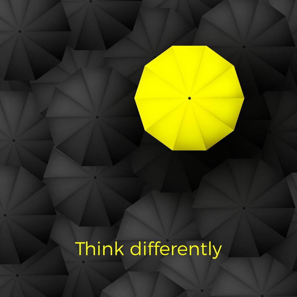 Think different business concept. One yellow unique parasol excel black umbrellas on background. Vector illustration
