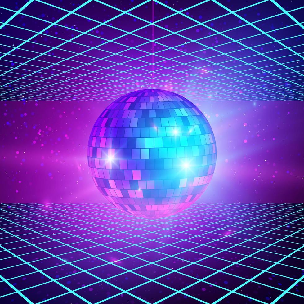 Retro background with laser rays and mirror ball. Disco party 80s poster template. Vector illustration