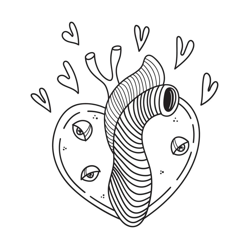 Mystic seeing heart with eyes. Hand drawn magical witchy doodle element for spiritual design. Vector illustration isolated on white.
