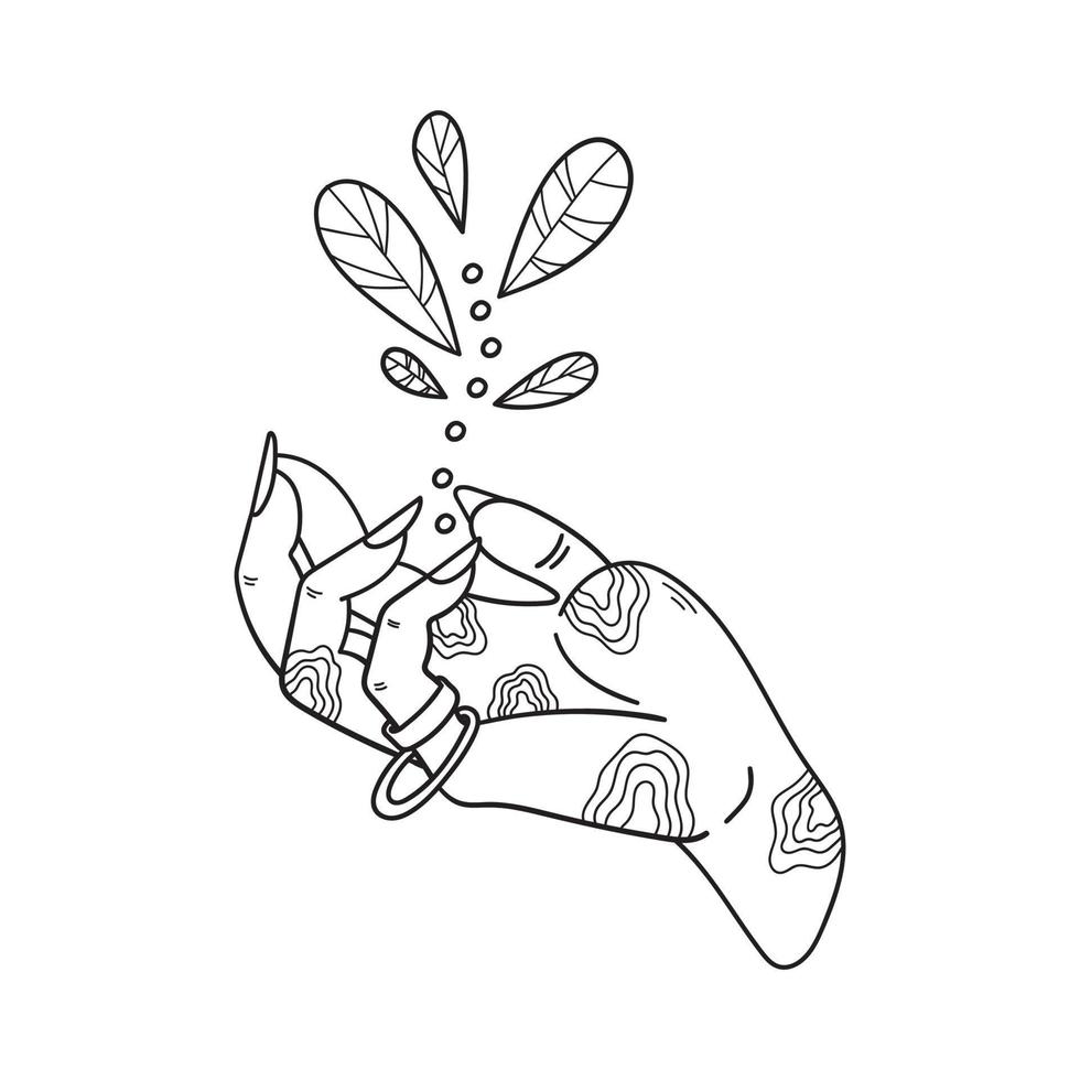 Mystical witch hand with ring and stars holds plant with leaves. Hand drawn magical doodle element for spiritual design. Vector illustration isolated on white.