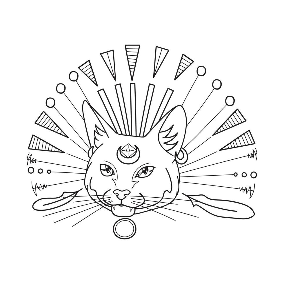 místico gato cabeza con creciente Luna esotérico símbolo, guirnalda con plumas. mano dibujado mágico brujo garabatear elemento. línea Arte. vector ilustración aislado en blanco.