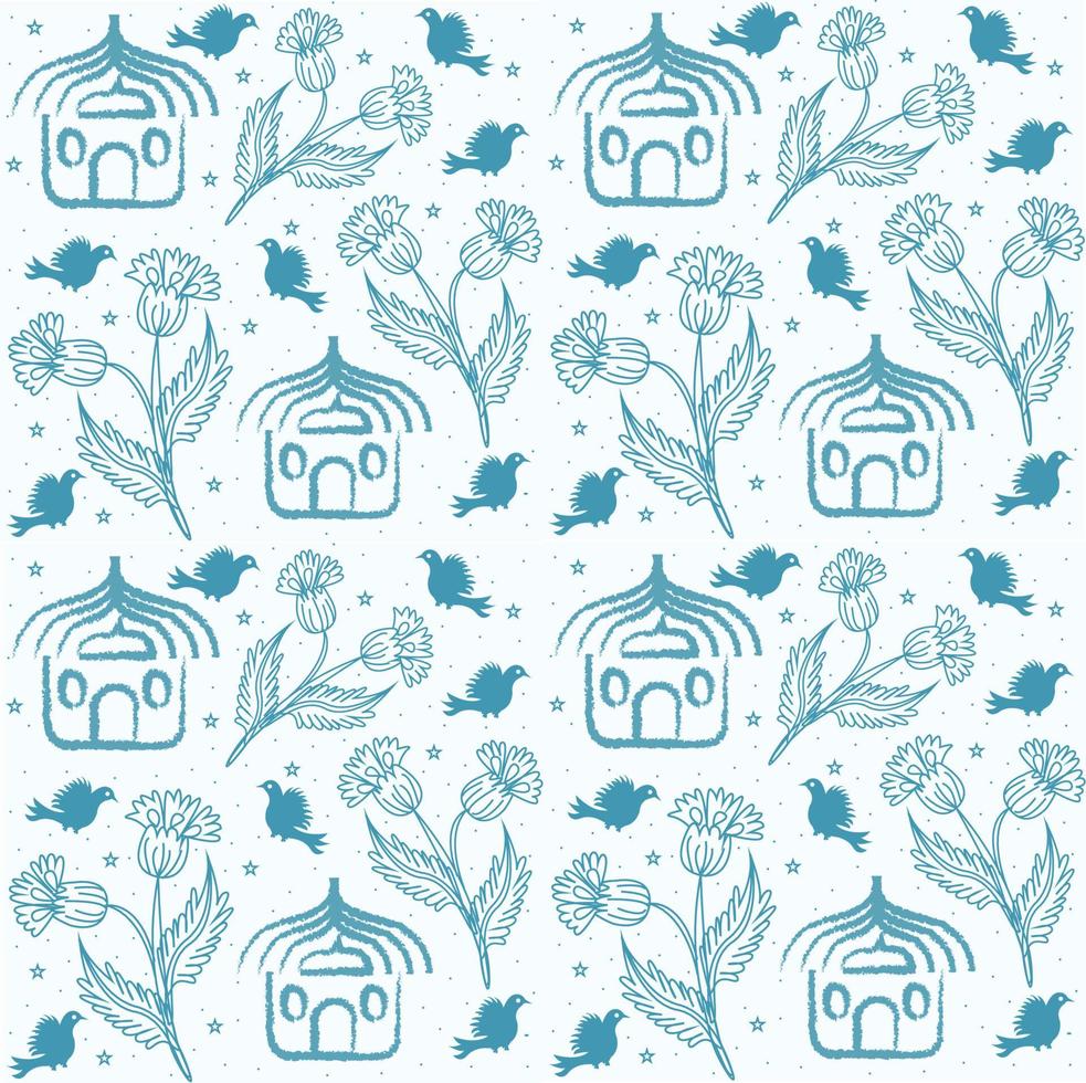 Seamless pattern with flying birds house flowers and stars vector