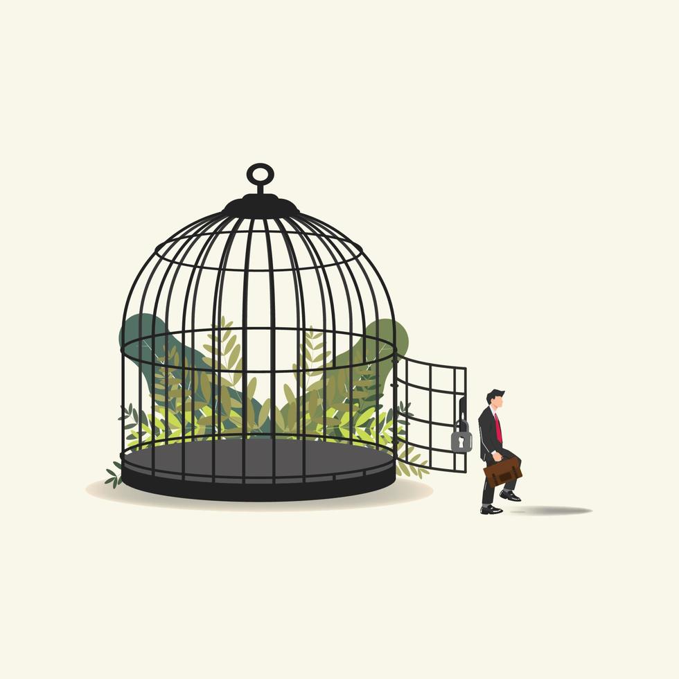 Businessman out from opened cage, get away from the stress work vector illustration