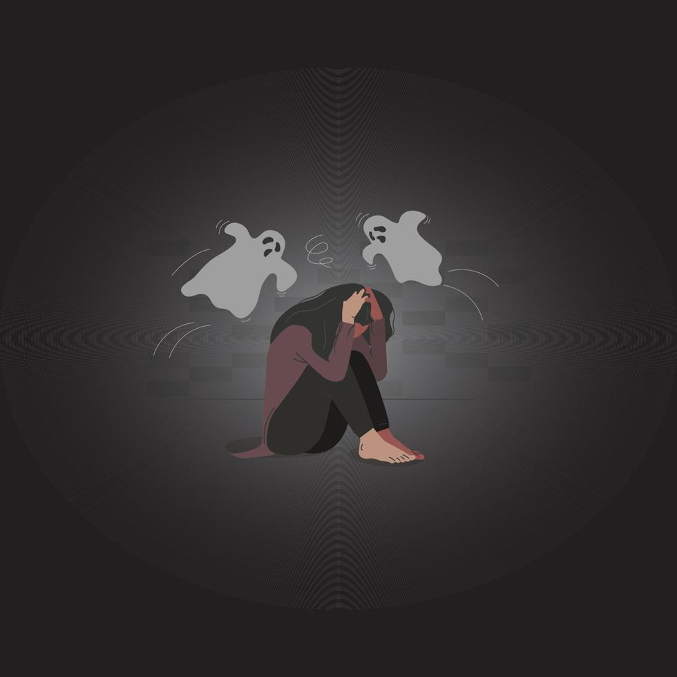 Woman sitting in the dark room haunted by distracted mind. Fatigue, sadness, mentally down girls vector illustration