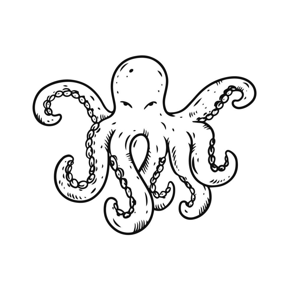 Octopus black color sketch style. Hand drawn vector illustration.