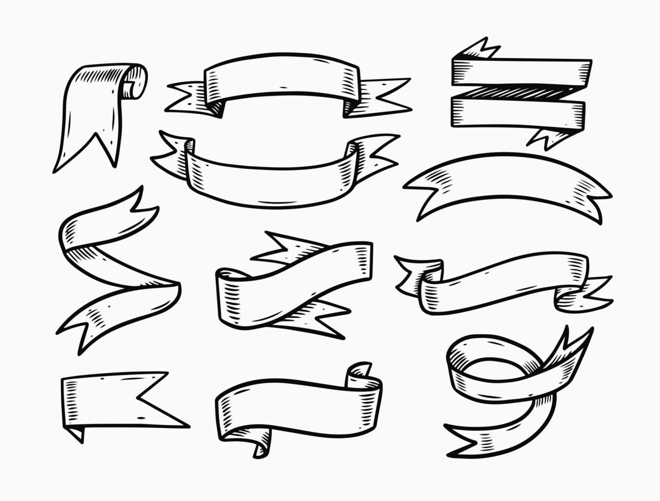 Hand drawn Ribbons set elements. Doodle black color sketch. vector