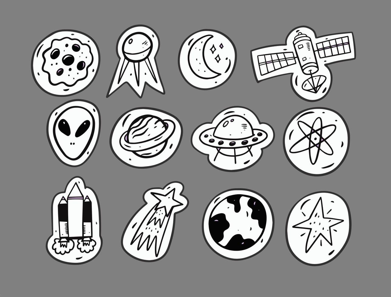 Space and Alien doodle set elements. Cosmic isolated stickers. Cartoon vector illustration.