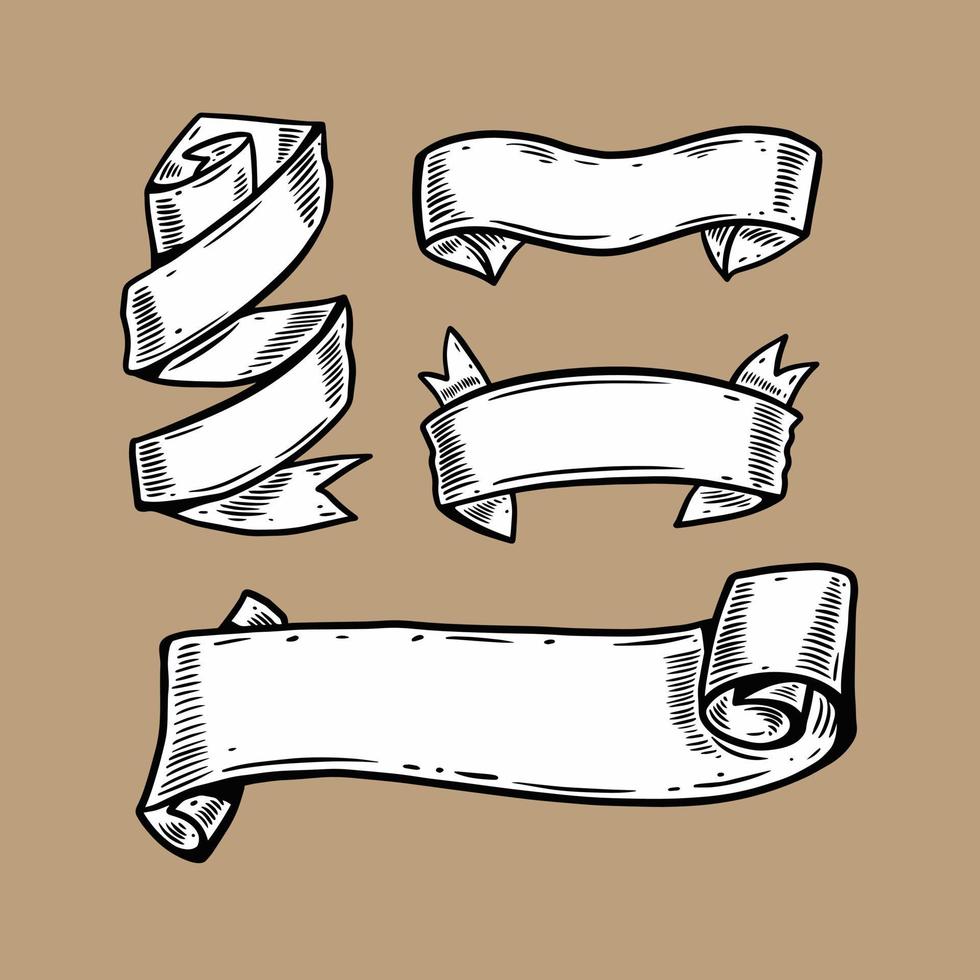 Hand drawn outline retro style ribbons set collection. vector