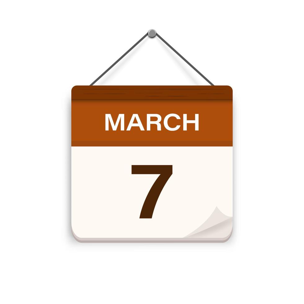 marzo 7, calendario icono con sombra. día, mes. reunión cita tiempo. evento calendario fecha. plano vector ilustración.