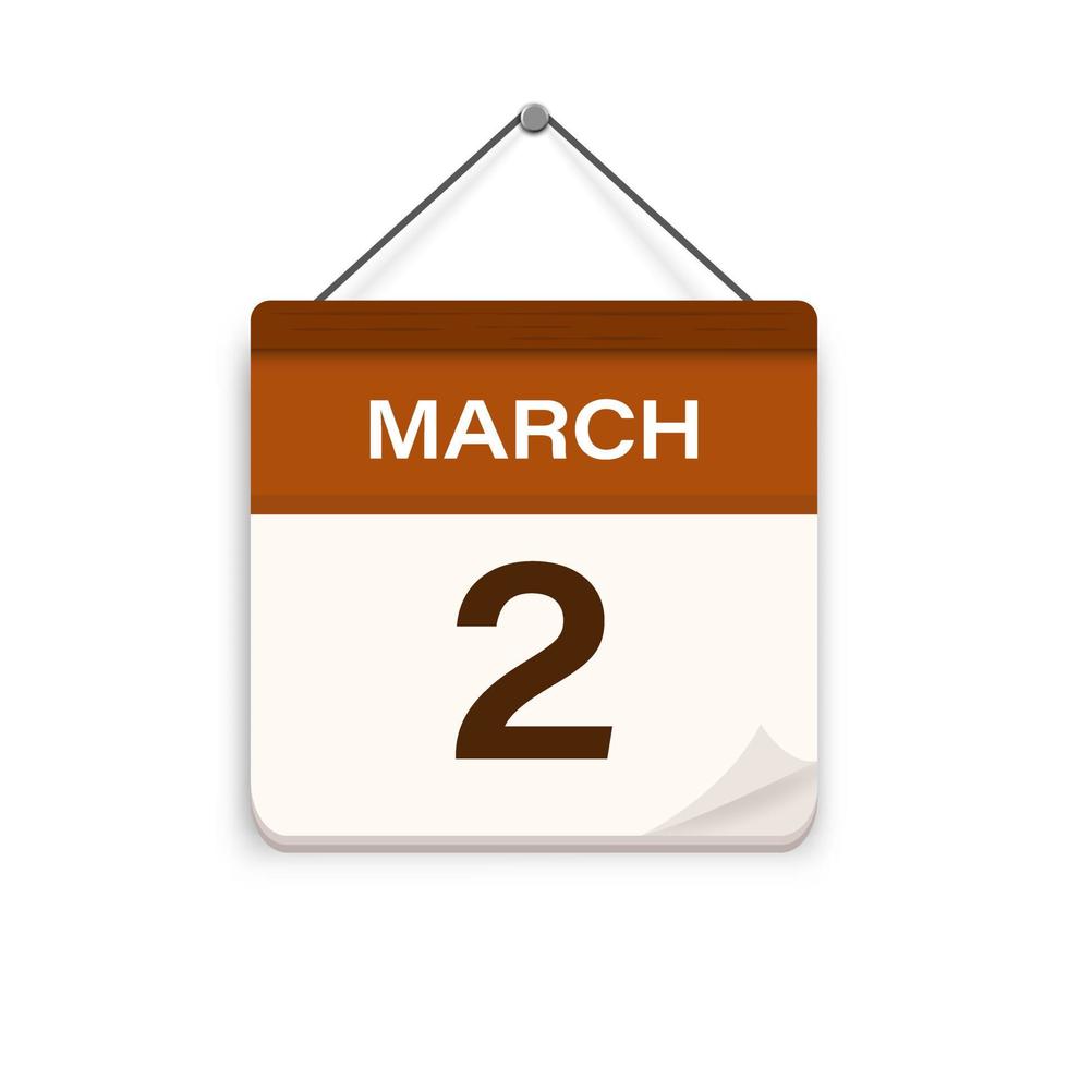 March 2, Calendar icon with shadow. Day, month. Meeting appointment time. Event schedule date. Flat vector illustration.