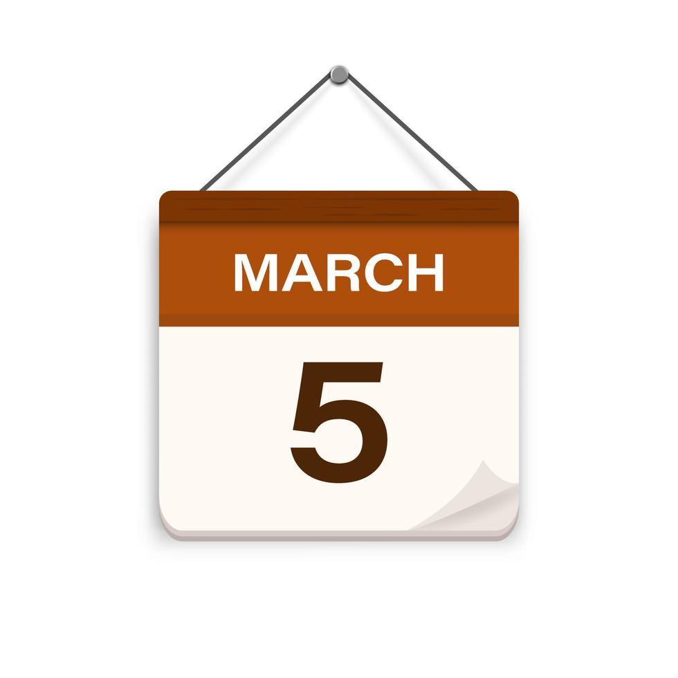 March 5, Calendar icon with shadow. Day, month. Meeting appointment time. Event schedule date. Flat vector illustration.