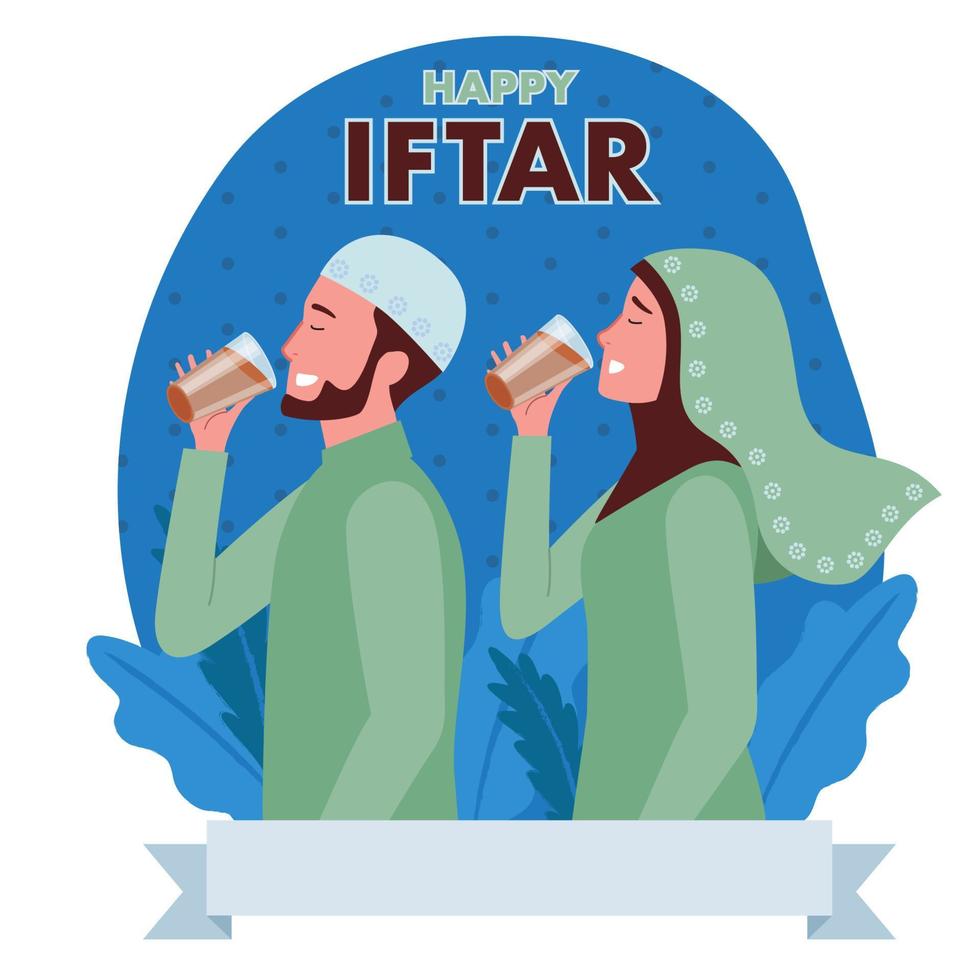 ilustración de musulmán mujer vistiendo hijab y musulmán hombres son Bebiendo cuando rotura el rápido o llamado iftar. iftar es el noche comida con cuales musulmanes final su diario Ramadán rápido a puesta de sol. vector