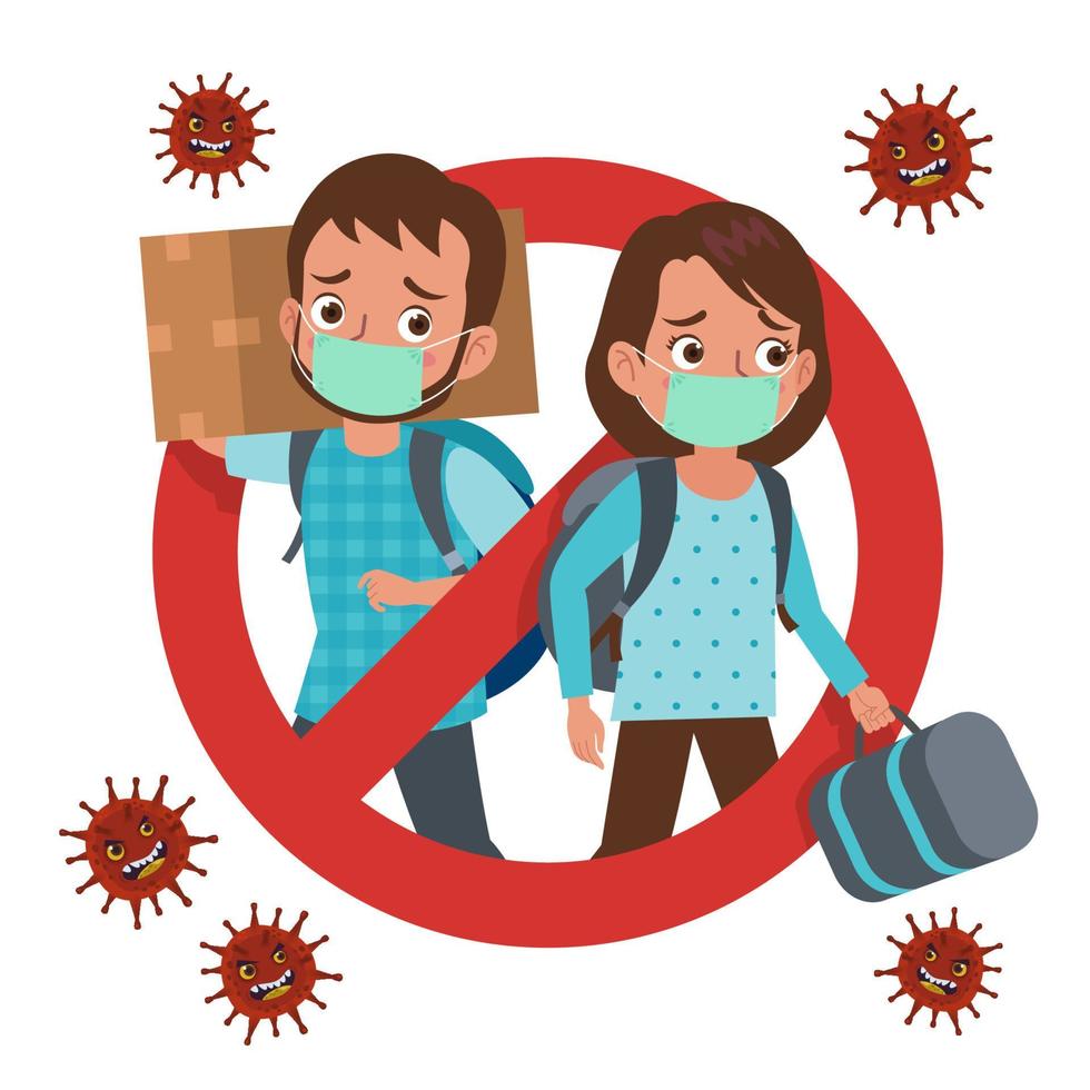 A prohibition signage for those who want to return to their hometown or called Mudik in Bahasa Indonesia, during the coronavirus pandemic. A man and woman wearing masks and carrying luggage and box. vector