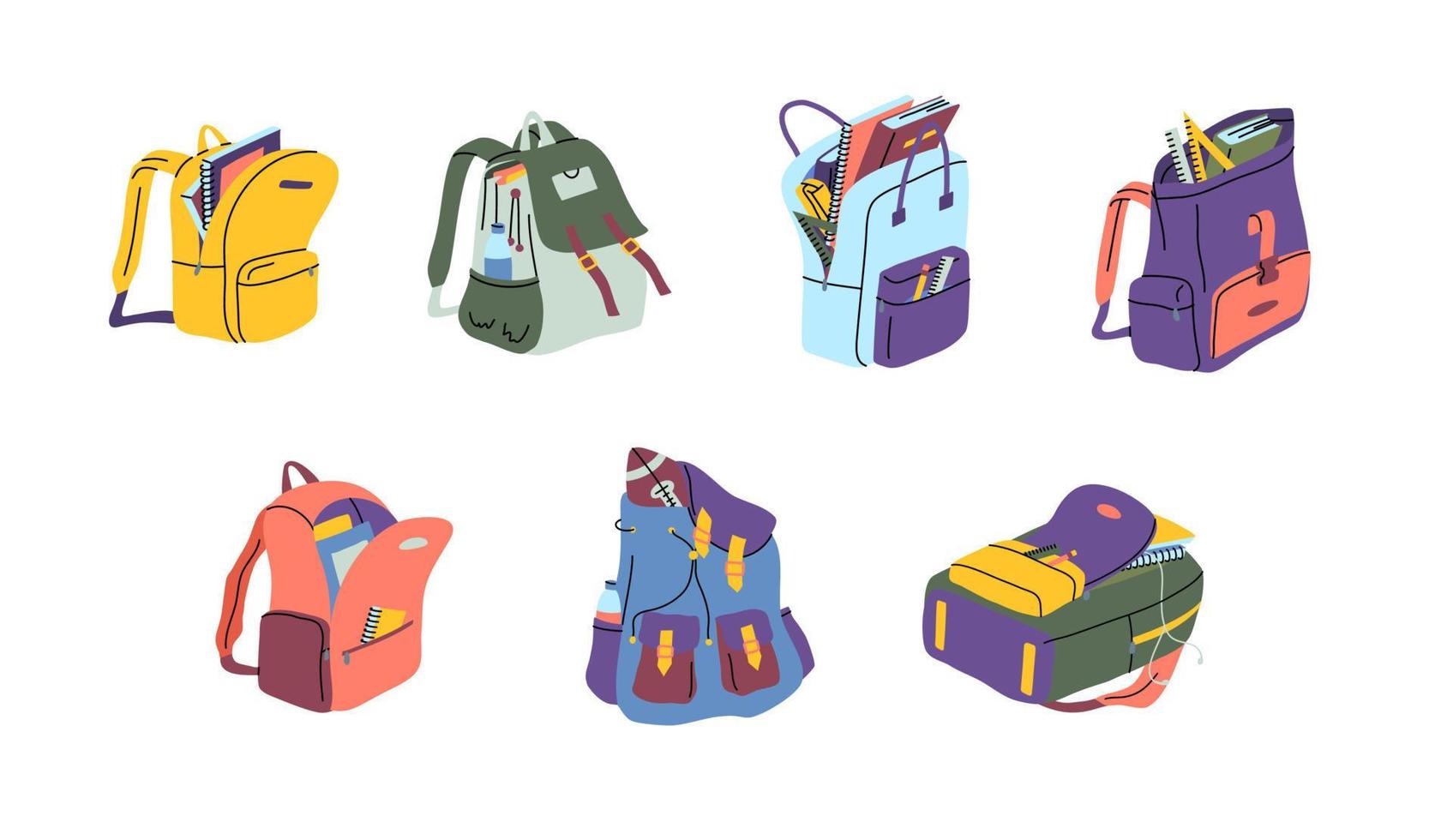 Cartoon Color Different School Backpacks Icons Set. Vector