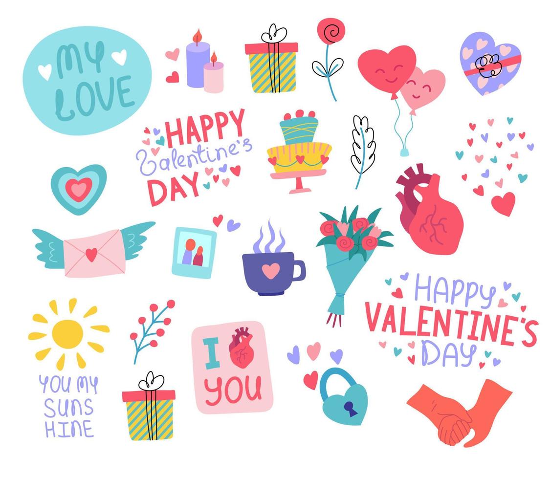 Cartoon Color Different Cute Valentines Day Labels Badges Stickers Set. Vector