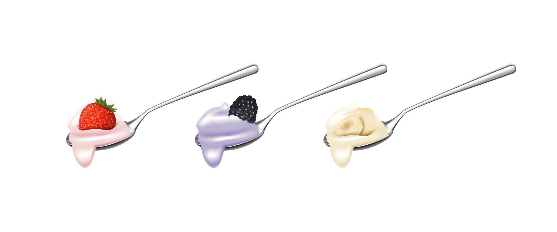 Realistic Detailed 3d Spoon with Yogurt and Fruit or Berries Set. Vector