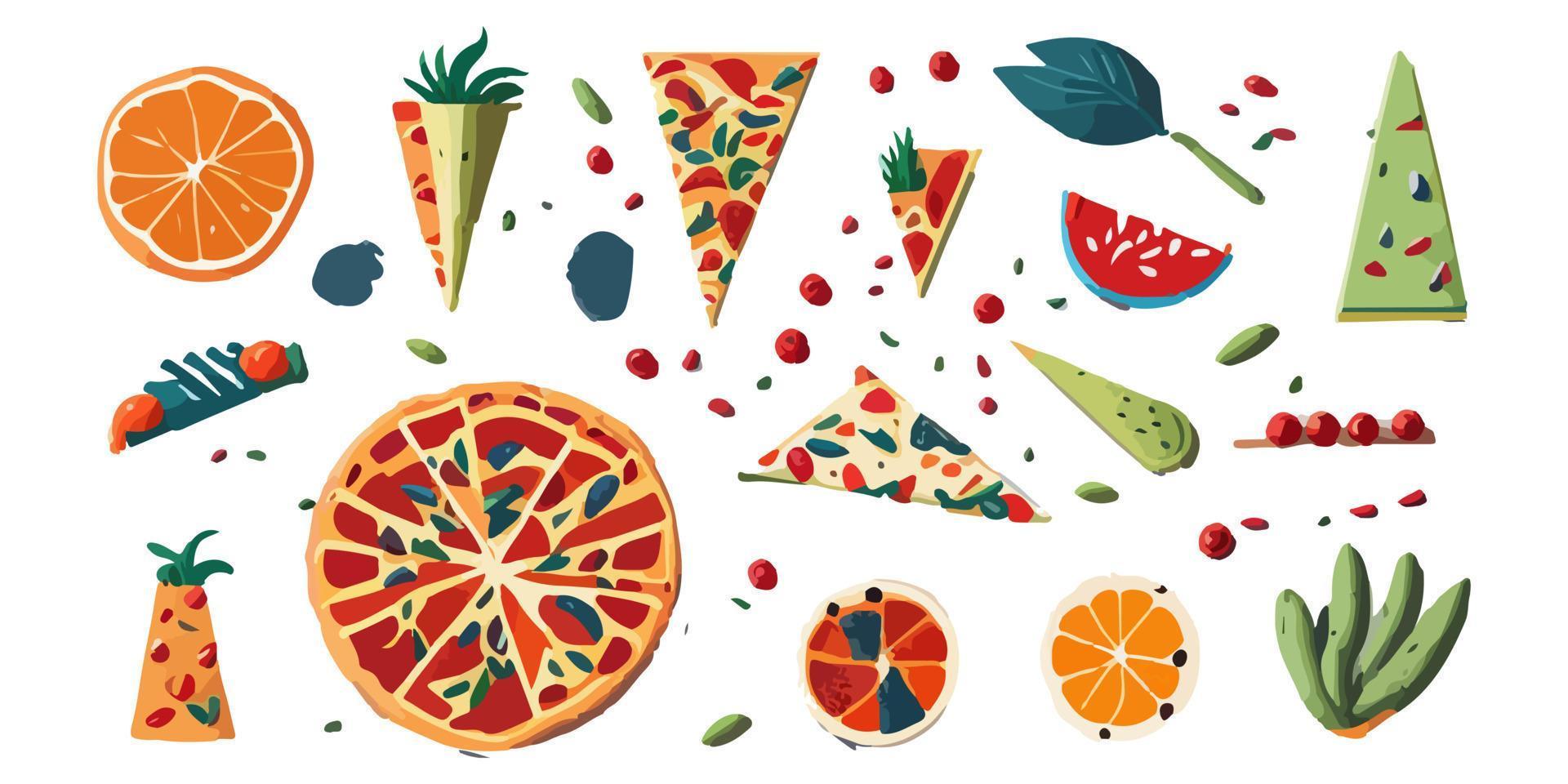 Round Slice of Cheese and Tomato Pizza in a Flat Cartoon Style Vector Illustration