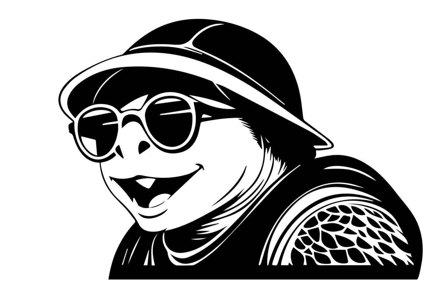 Turtle in a hat and sunglasses. Vector illustration. black and white.