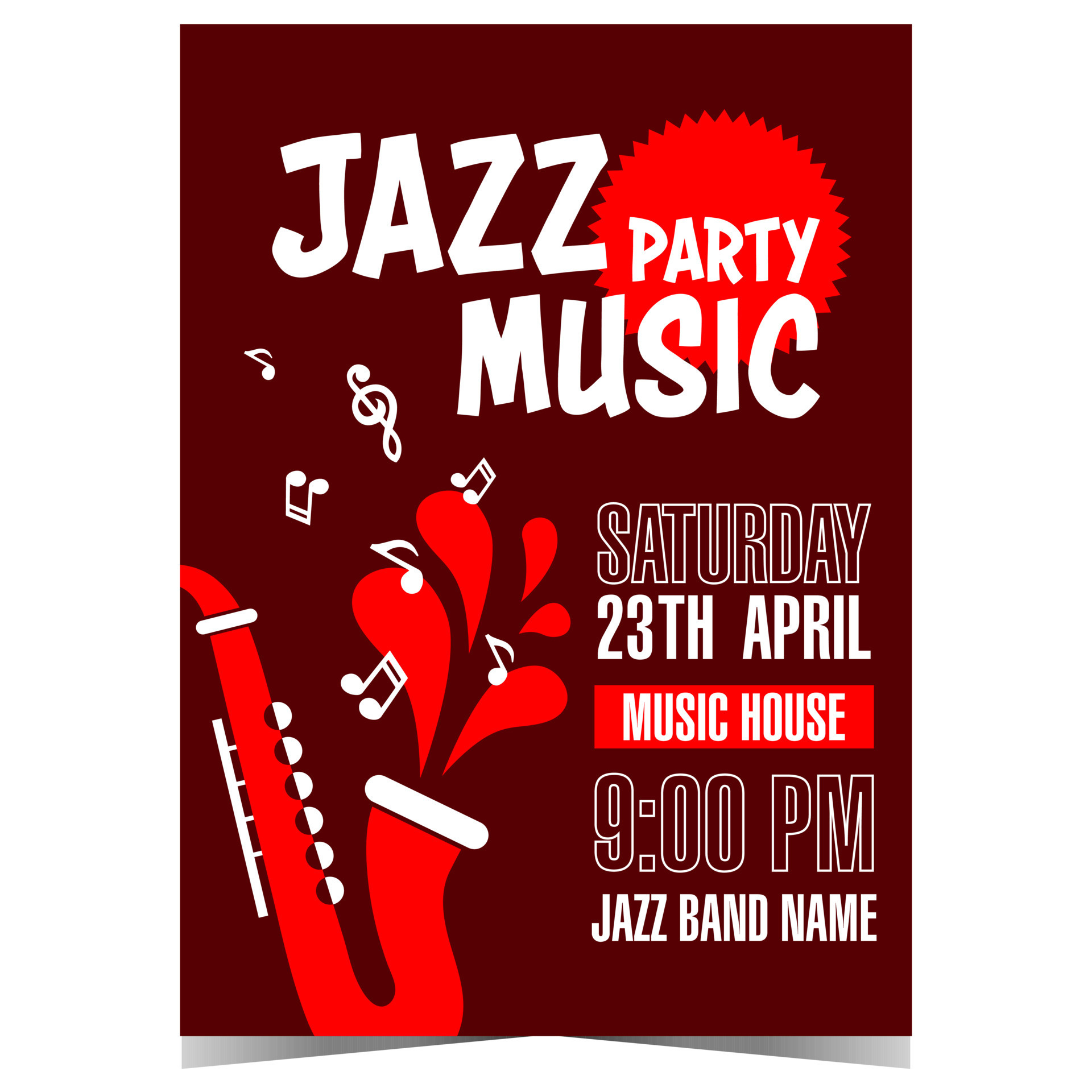 Jazz music party invitation with red saxophone emitting musical notes