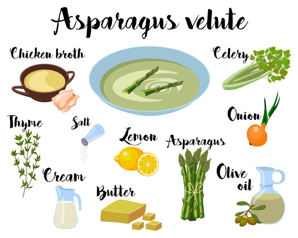 kitchen poster with a recipe for asparagus cream soup. Asparagus velute. Vector illustration on a white background.
