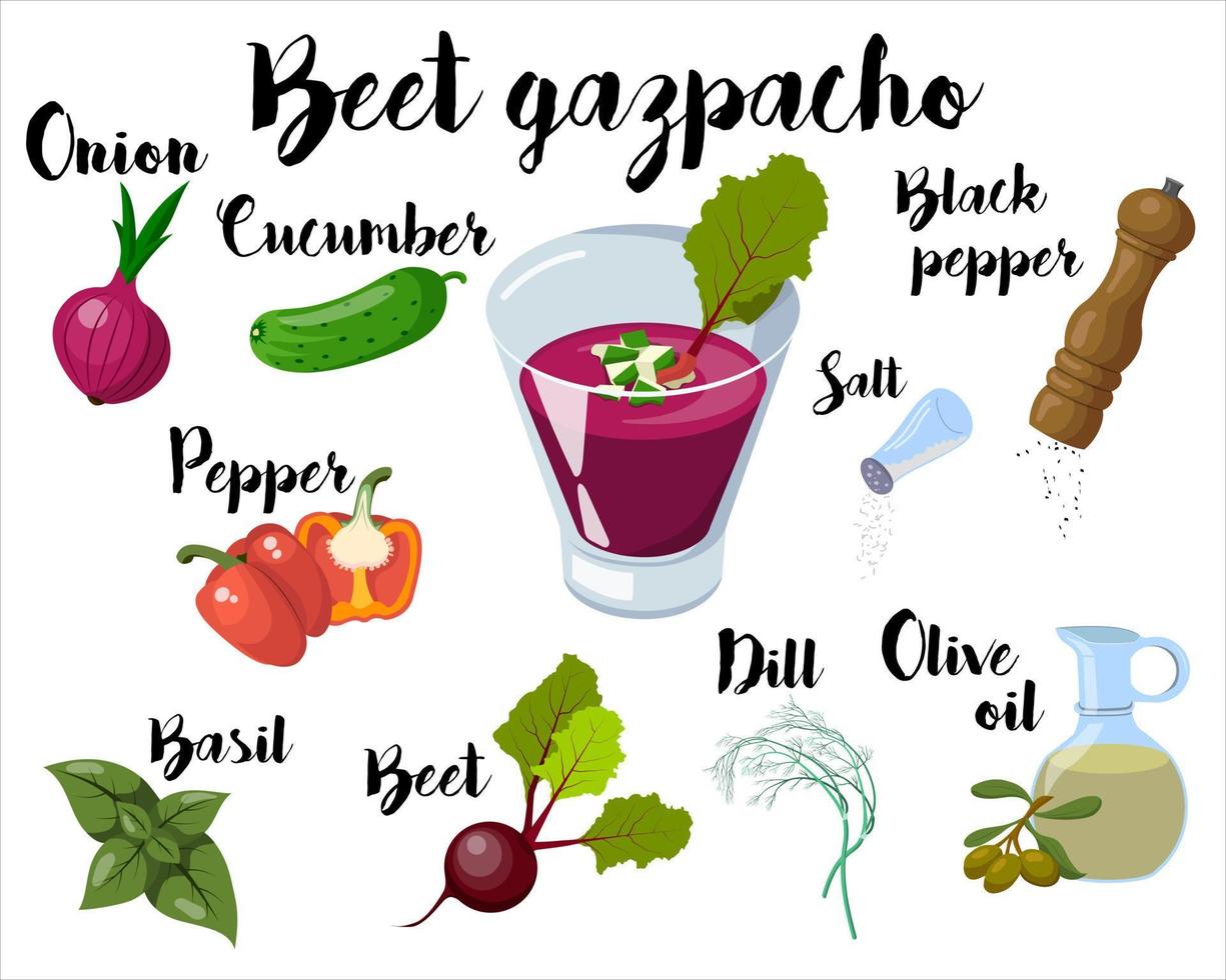 kitchen poster with a recipe for making gazpacho from beetroot. Vector