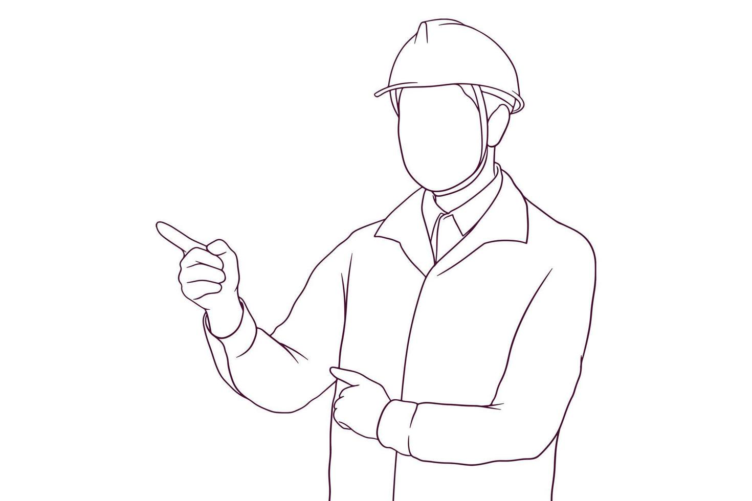 Male engineer pointing finger forward hand drawn vector illustration