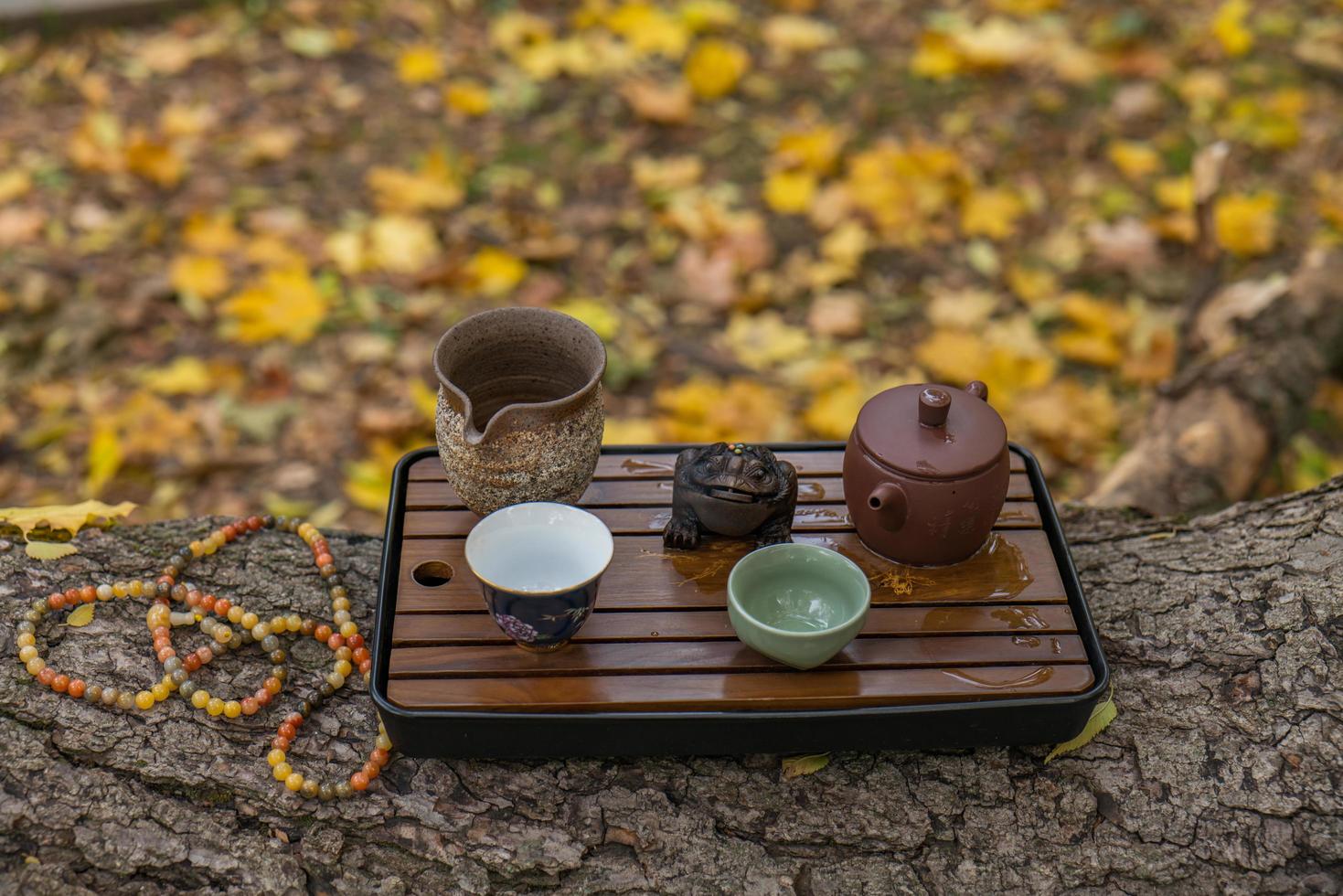 tea utensils for the Chinese tea ceremony on a tea board. yellow autumn leaves in the park photo