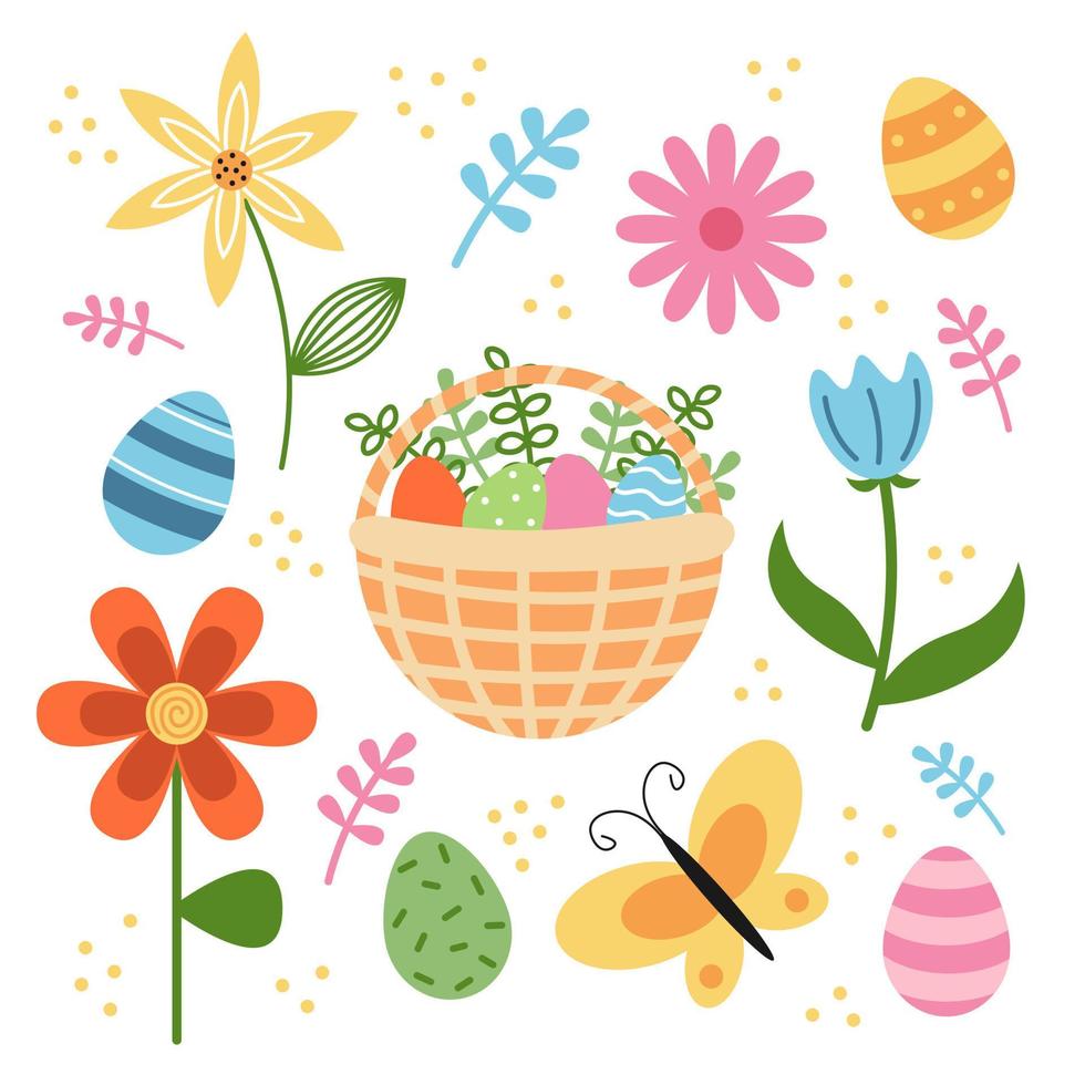 Vector cute set with easter elements. Eggs in basket and flowers.