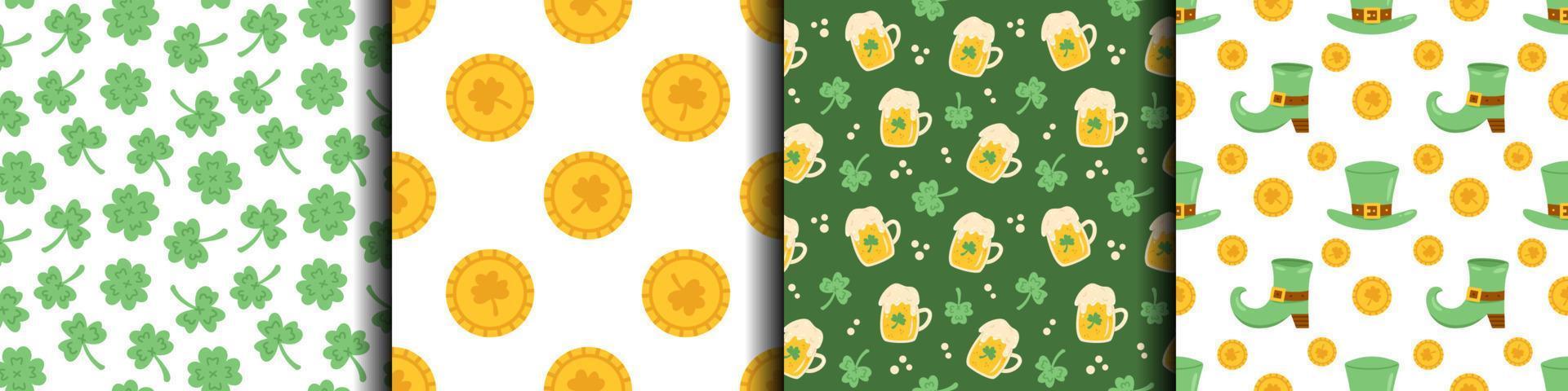 Vector St Patricks day set of seamless patterns in flat design. Collection of backgrounds with green hats, boots, beers, clovers and coins. Collection for celebrating St Patricks day.
