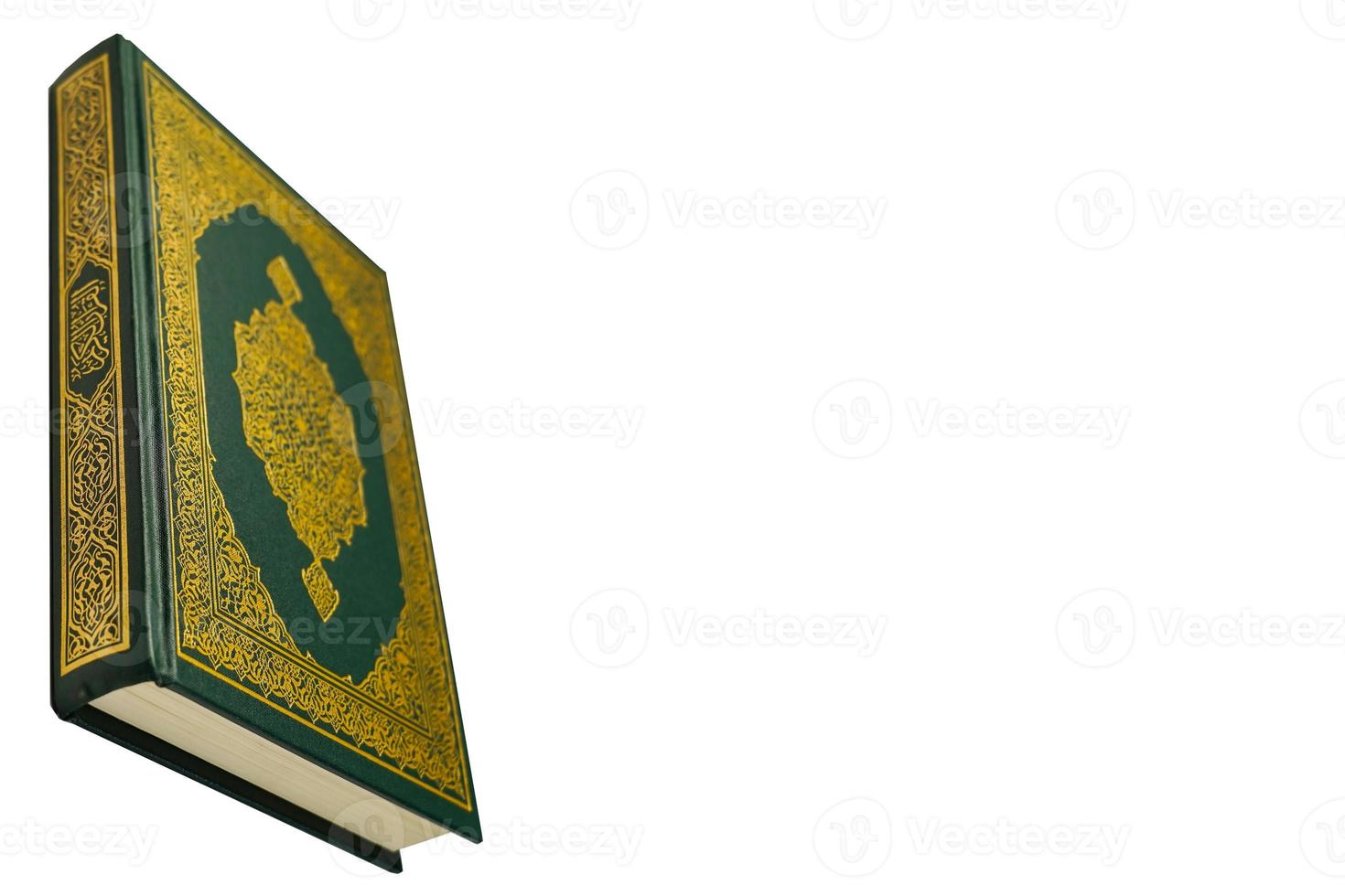 The Holy Al Quran with written arabic calligraphy meaning of Al Quran and rosary beads or tasbih on white background, isolated with copy space. photo