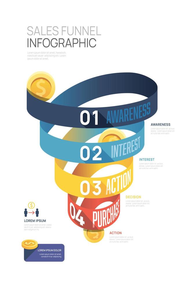 Infographic Sales funnel diagram template for business. Modern Timeline 4 step level, digital marketing data, presentation vector infographics.