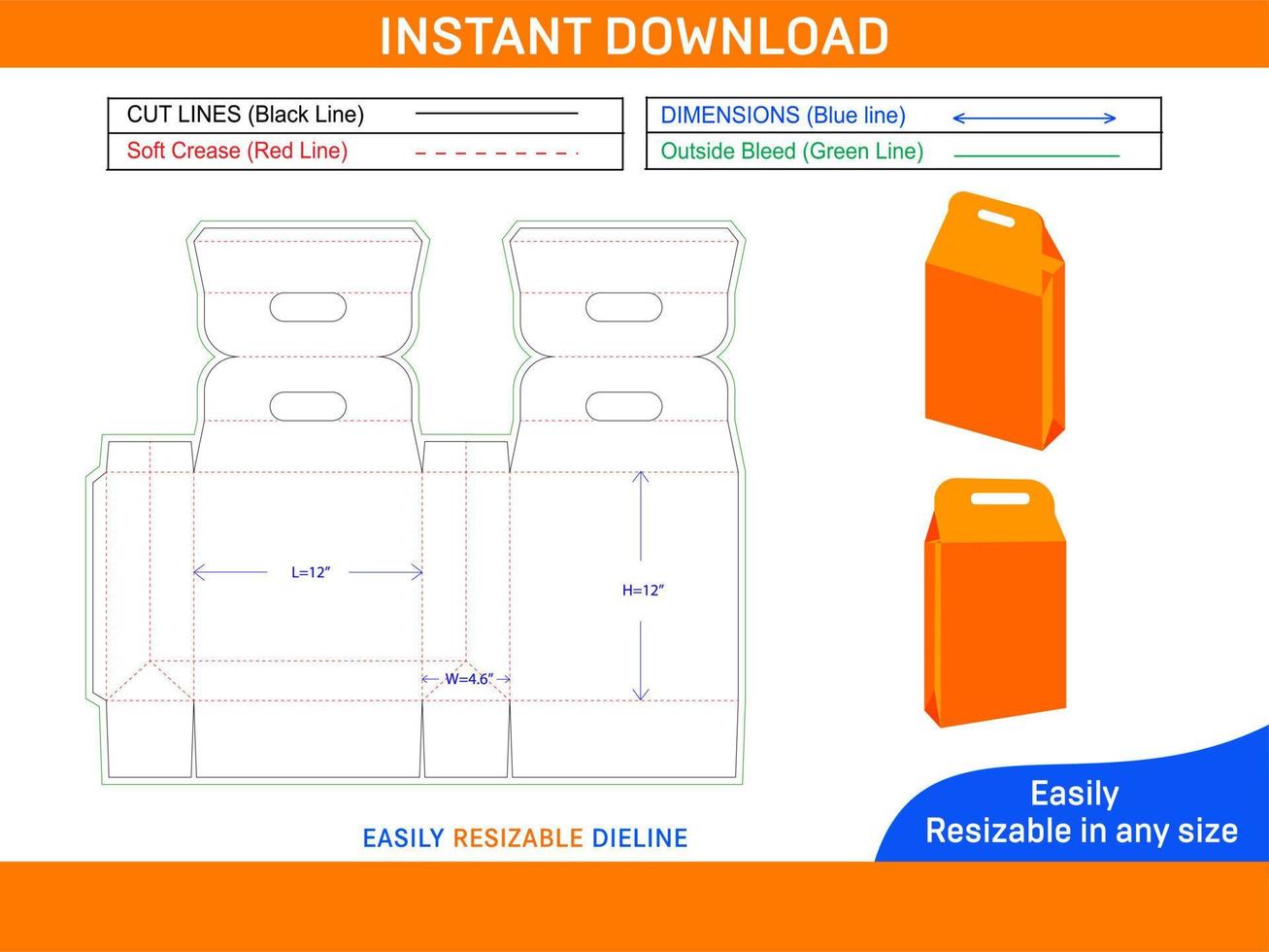 Food carry bag with handle, paper Box type bag dieline template Box dieline and 3D box vector