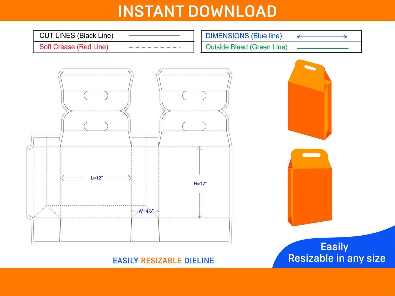 comida llevar bolso con manejar, papel caja tipo bolso dieline modelo caja dieline y 3d caja vector