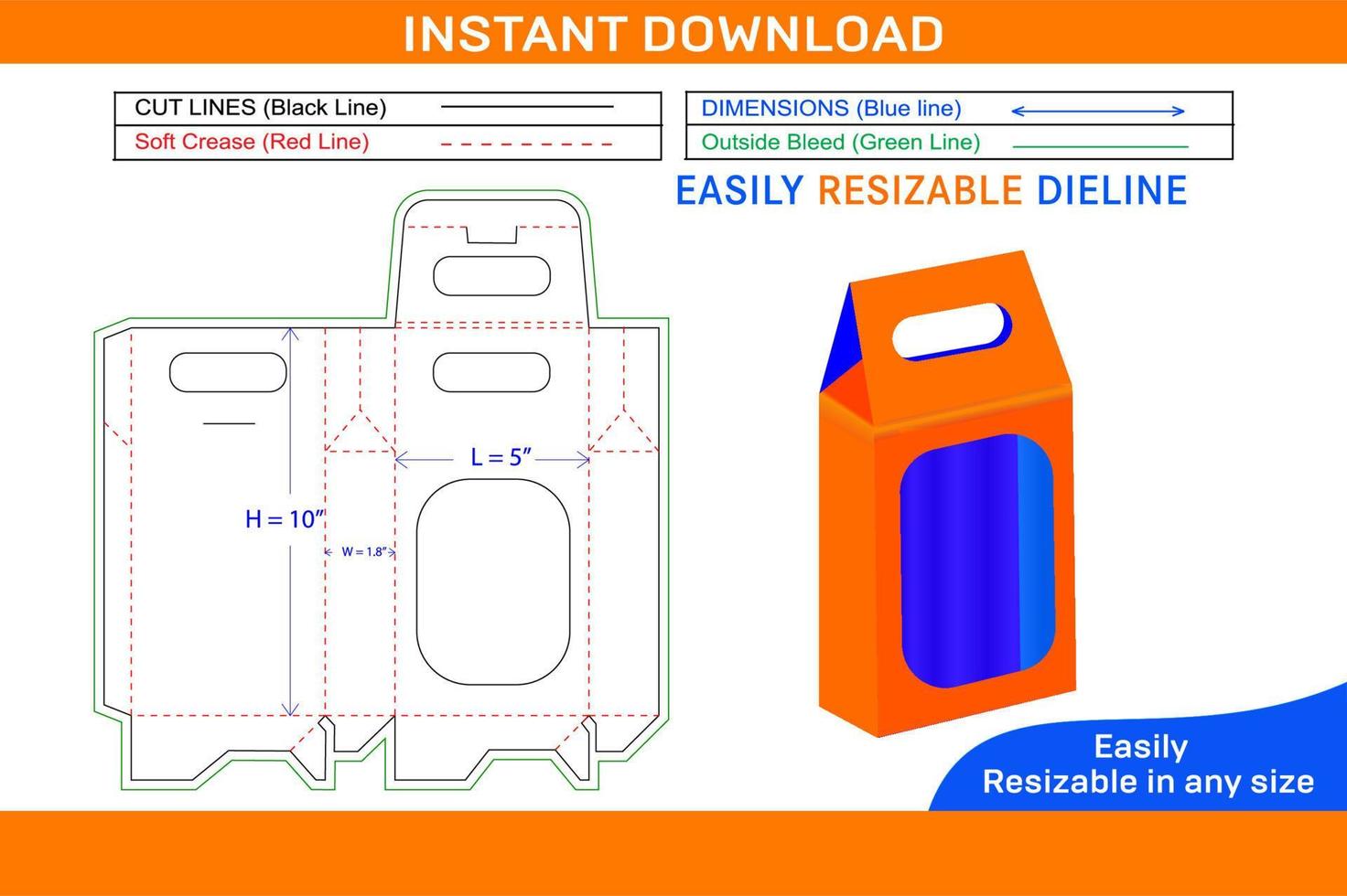 Cardboard carry bag, food box, cake box with window dieline template Box dieline and 3D box vector