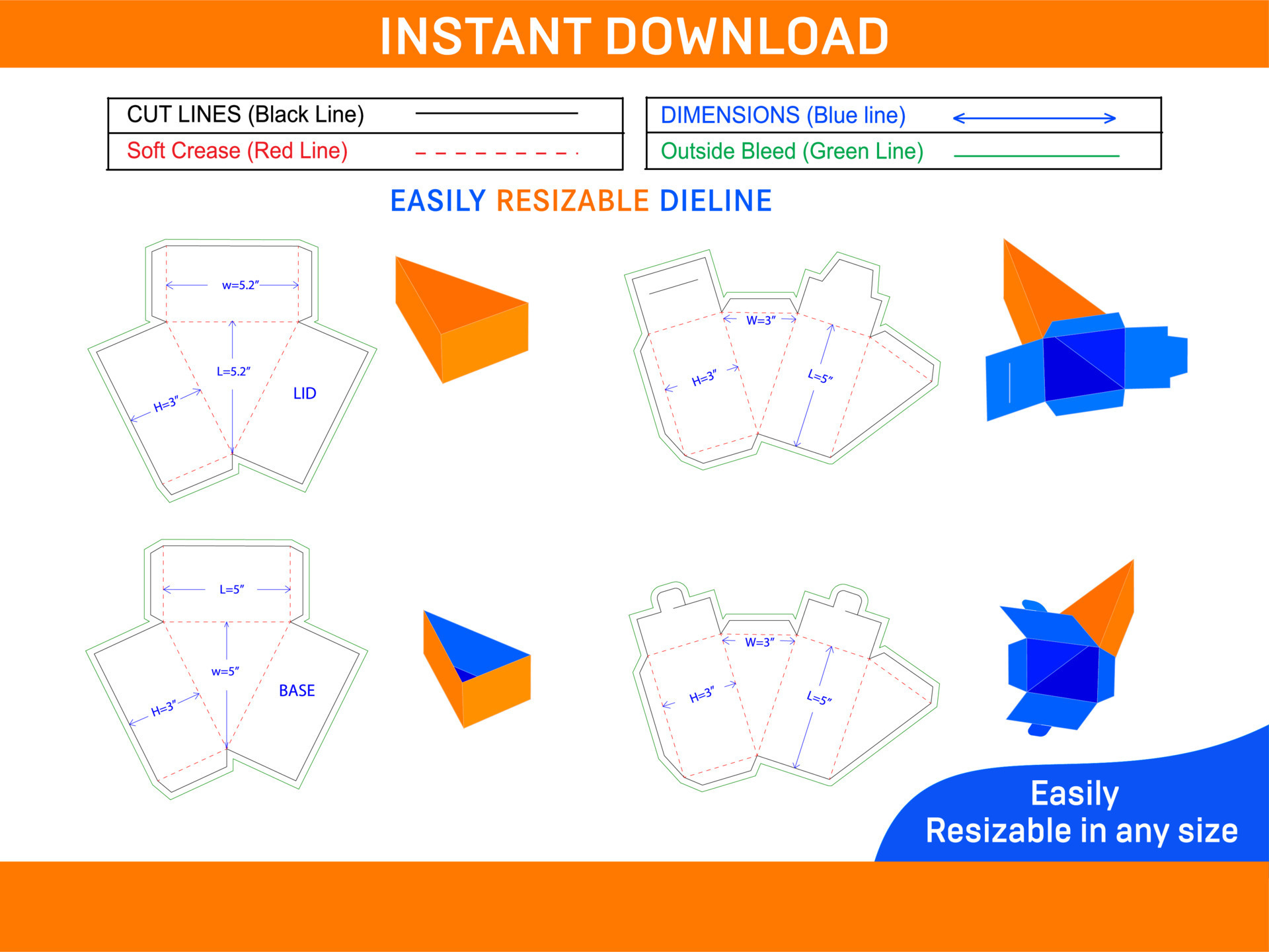 Triangle slice cake boxes, sandwich or pizza box set dieline template