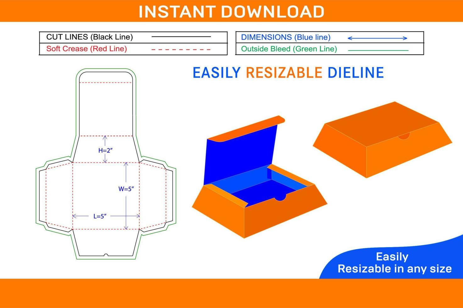 Corrugated pyramid base food box dieline template and 3D vector file Box dieline and 3D box