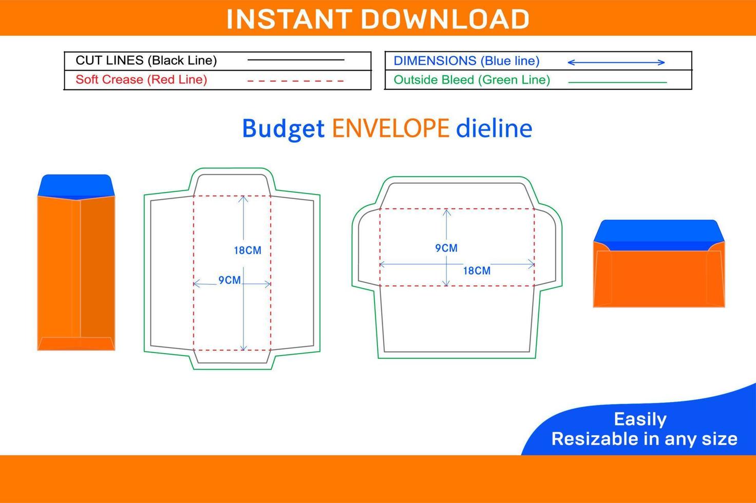 Budget Envelope, vertical and horizontal style budget envelope dieline template Box dieline and 3D box vector