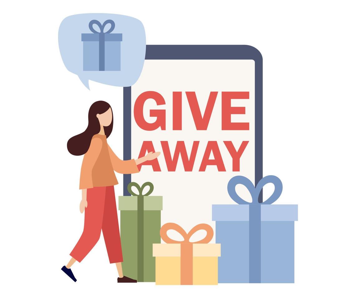 Giveaway text on smartphone screen. Gift boxes icon. Social network promo, gift advertisement, surprise package, follower reward for like or repost concept. Vector flat illustration