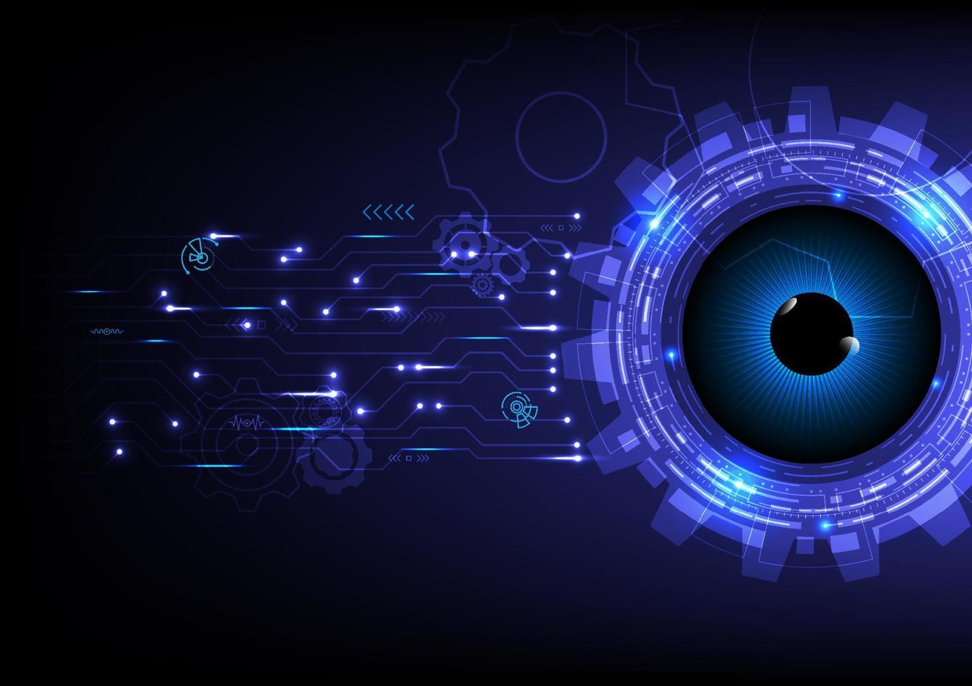 abstract background future technology innovation Blue glowing eyes with Electronic circuit gears with bright dots and elements on a gradient background vector