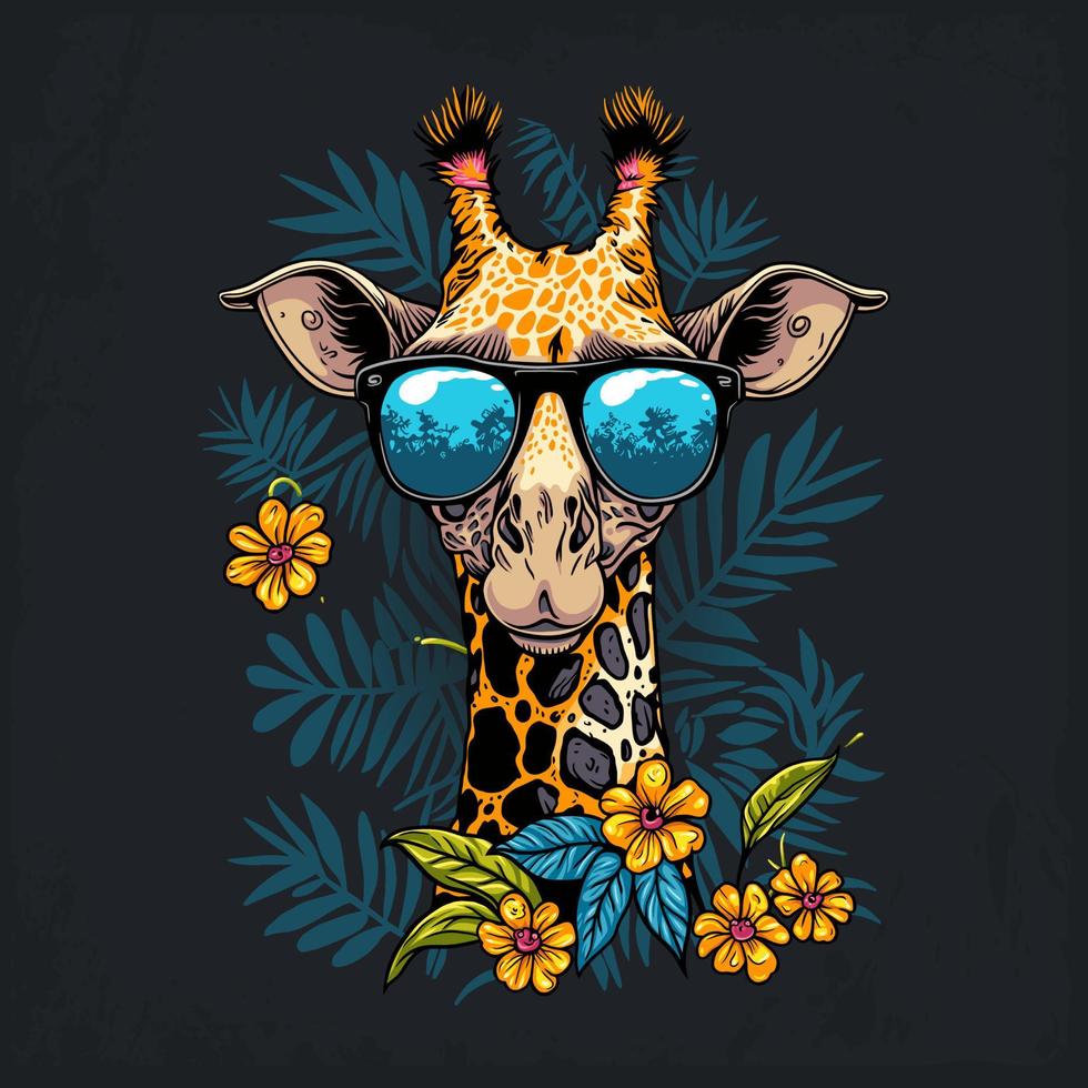 Funky giraffe wearing sunglasses, with floral and leaf ornament background vector