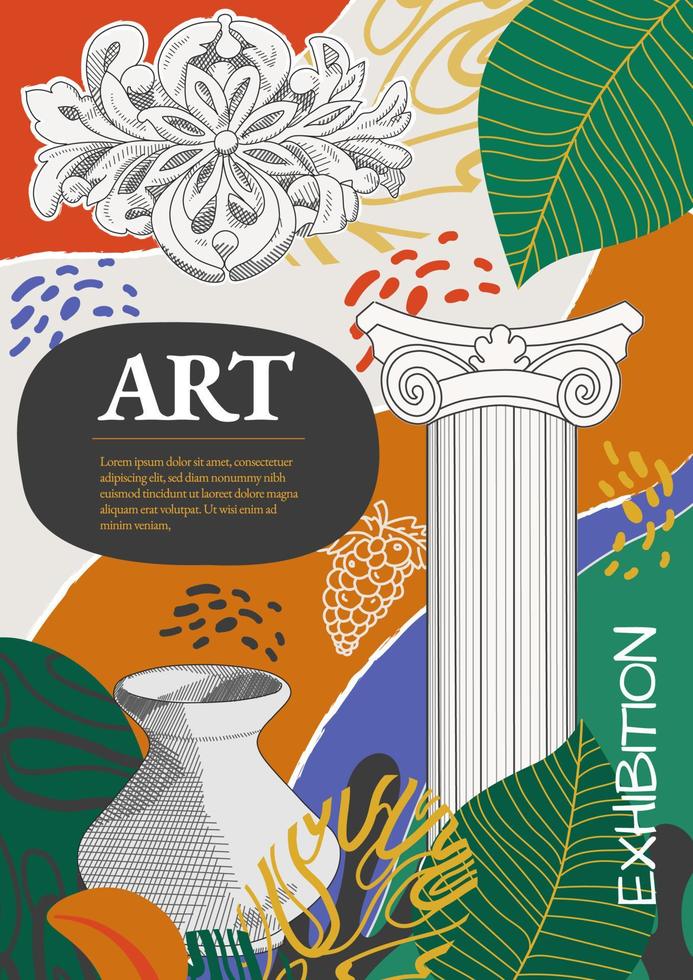 Creative flyer or poster concepts with abstract geometric shapes, ancient pillar, amphora on green background. Roman and Greek vector illustration. Art posters for the exhibition,  magazine or cover