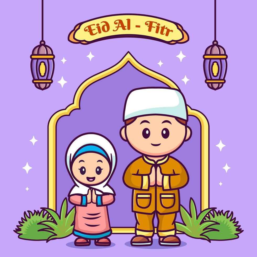 cute muslim father and daughter cartoon vector illustration flat style concept, Hand drawn eid al-fitr illustration.