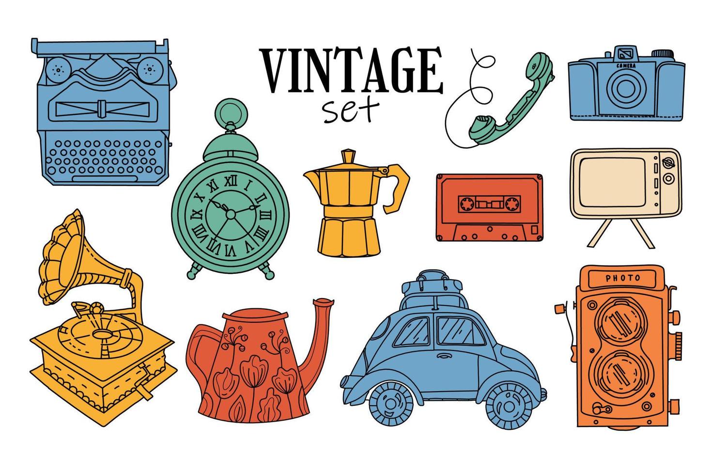 Vintage objects set . Hand illustrations, movie camera, typewriter, camera, hours, coffee percolator, retro telephone, tv, cassette. Drawings for poster, collage. Clip art isolated drawings vector