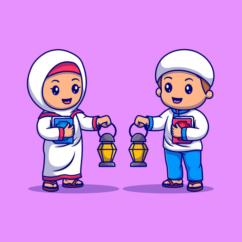 Cute boy and girl muslim holding quran book with islamic lantern cartoon vector icon illustration