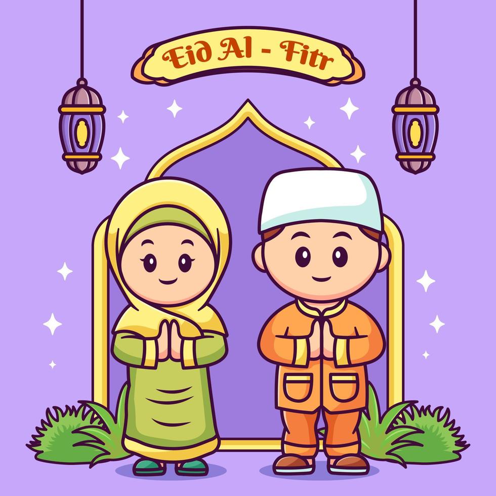 Cute muslim boy and girl cartoon vector illustration flat style concept, Hand drawn eid al-fitr illustration.