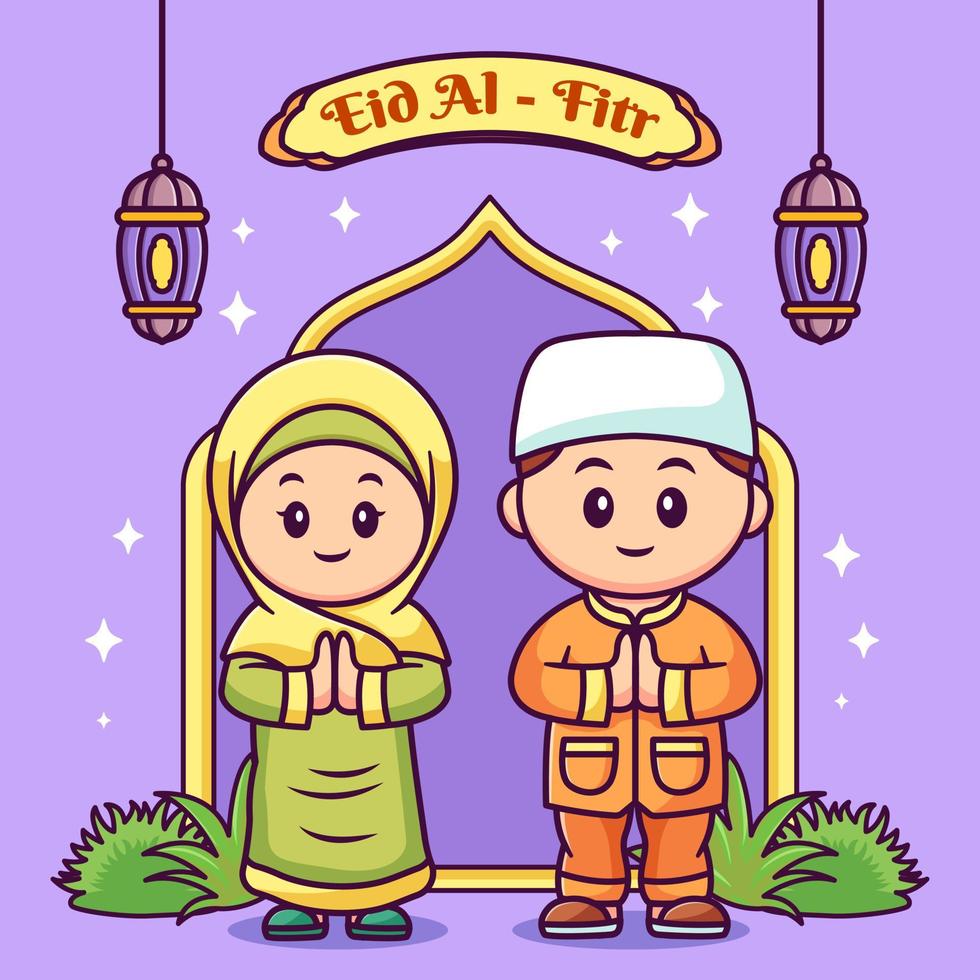 linda musulmán chico y niña dibujos animados vector ilustración plano estilo concepto, mano dibujado eid al-fitr ilustración.